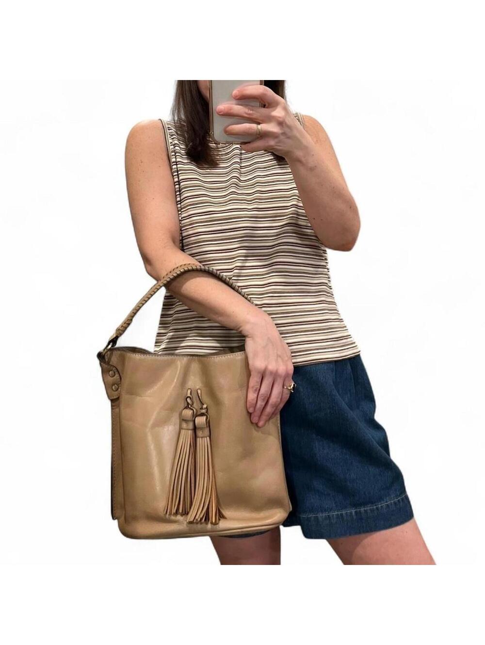 Vintage Y2K Tan Leather Tassel Shoulder Bucket Bag